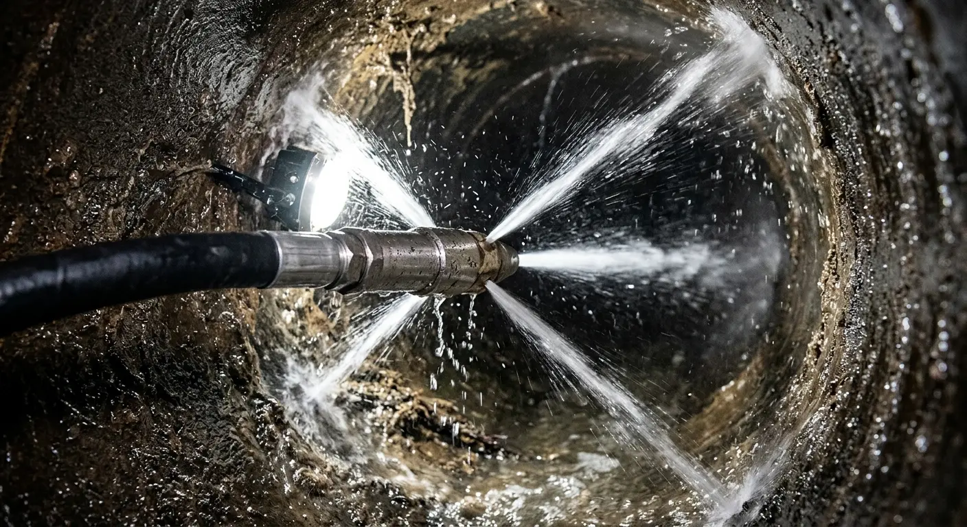High-pressure hydro jetting nozzle cleaning sewer pipe for Trenchless Sewer Repair in Skowhegan