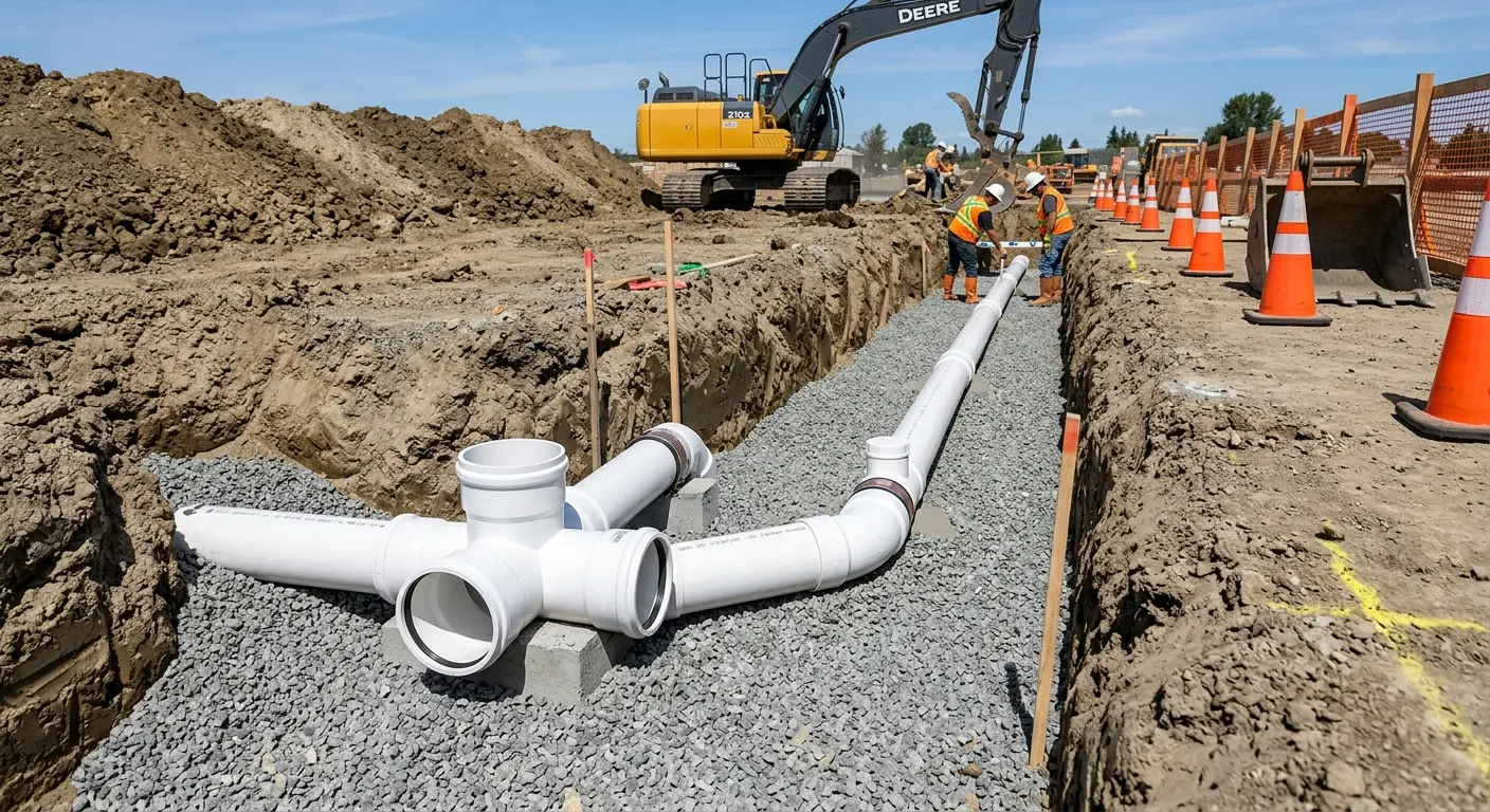 New PVC sewer pipe installation in open trench for Commercial Drain Cleaning in Skowhegan