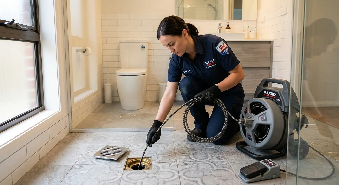 Technician clearing a bathroom floor drain for Clogged Drain Repair in Skowhegan